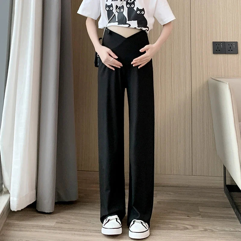 Maternity Straight Pants Summer Thin Cool Cotton Low Waist U Belly Clothes For Pregnant Women Wide Leg Loose Pregnancy Trousers