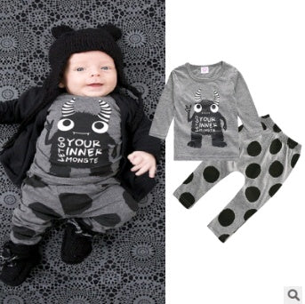 European and American baby clothes spring and autumn long-sleeved T-shirt letter print stripe set