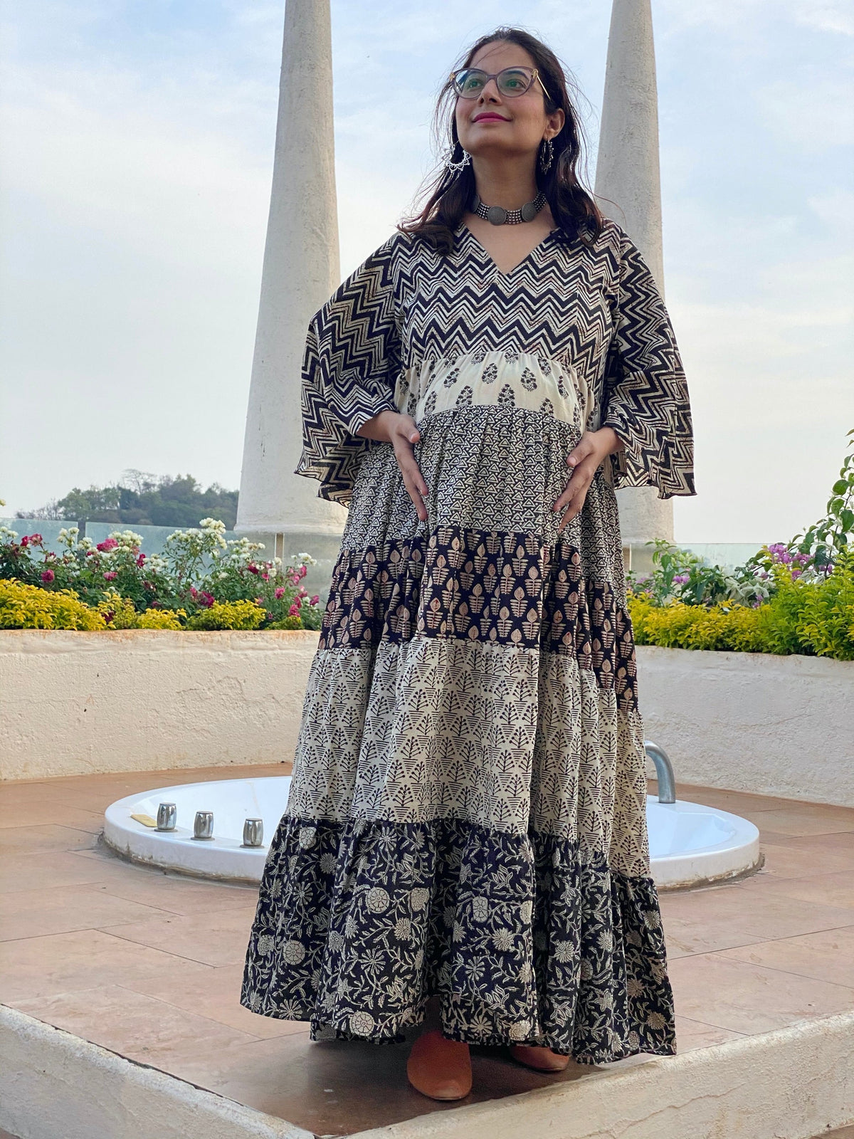 Mixed Patterns Black and Ivory Hand-Block 5-Tier Maternity Dress