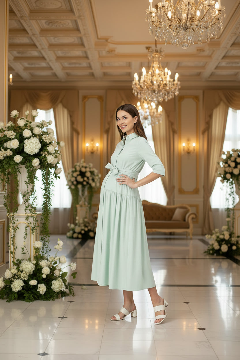 Cotton Yoke Gathered Dress-Mint