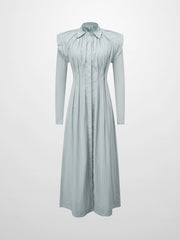 Pleat Front Button Down Dress-Light Blue
