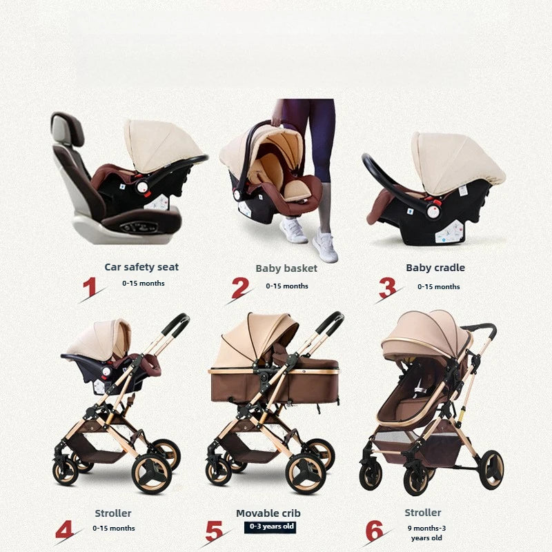Newborn 3-in-1 Stroller with High View, Two-way Sitting and Lying Function, Baby Stroller with Carrycot and Car Safety Seat