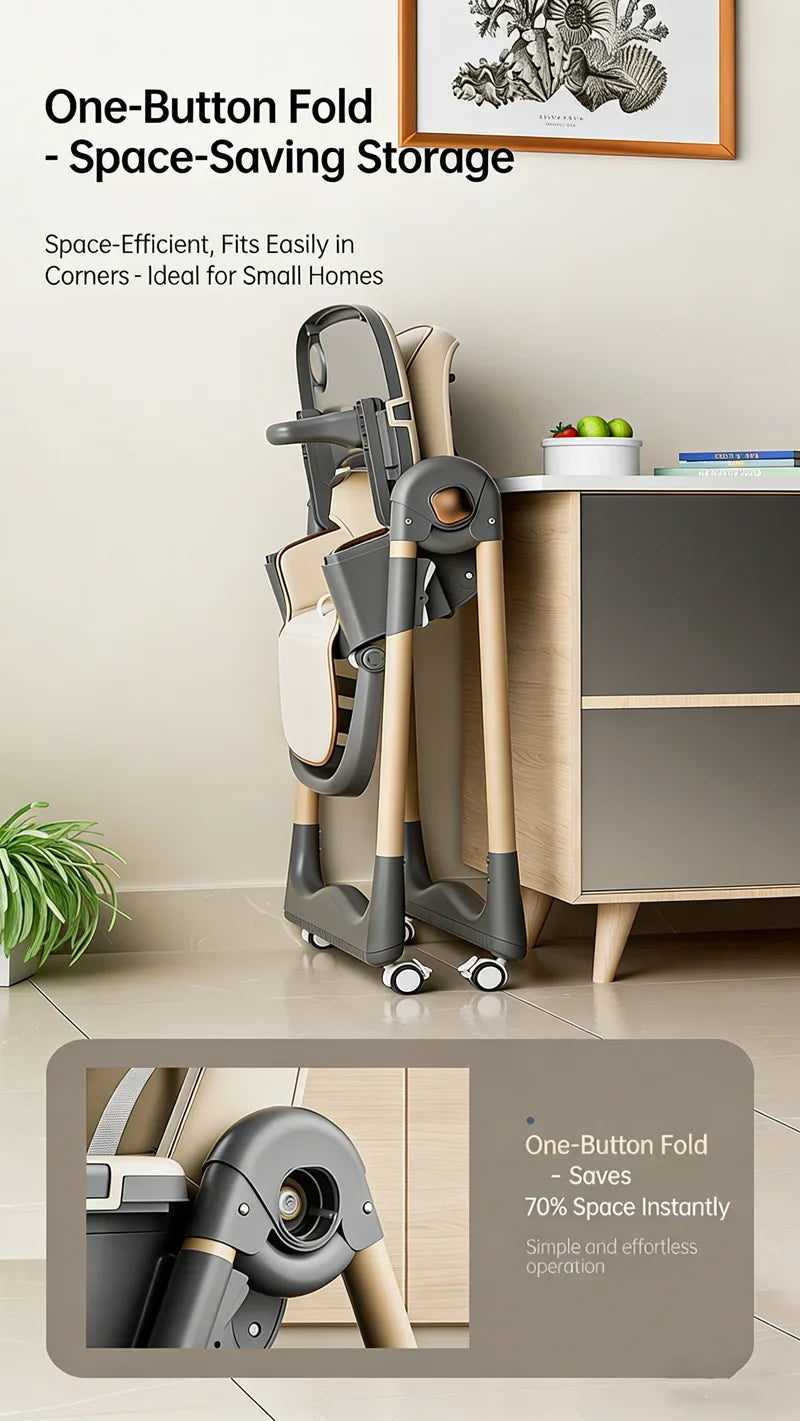 High Chairs for Babies and Toddlers, Foldable High Chair with Lockable Wheels, 4-in-1 Convertible, Adjustable Reclining Seat