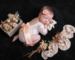 Newborn Photo Outfit Set - Lace Romper With Bow Tie And Headband