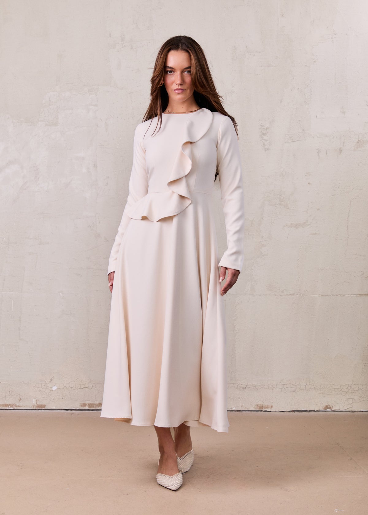 Waist Ruffle Dress-Cream