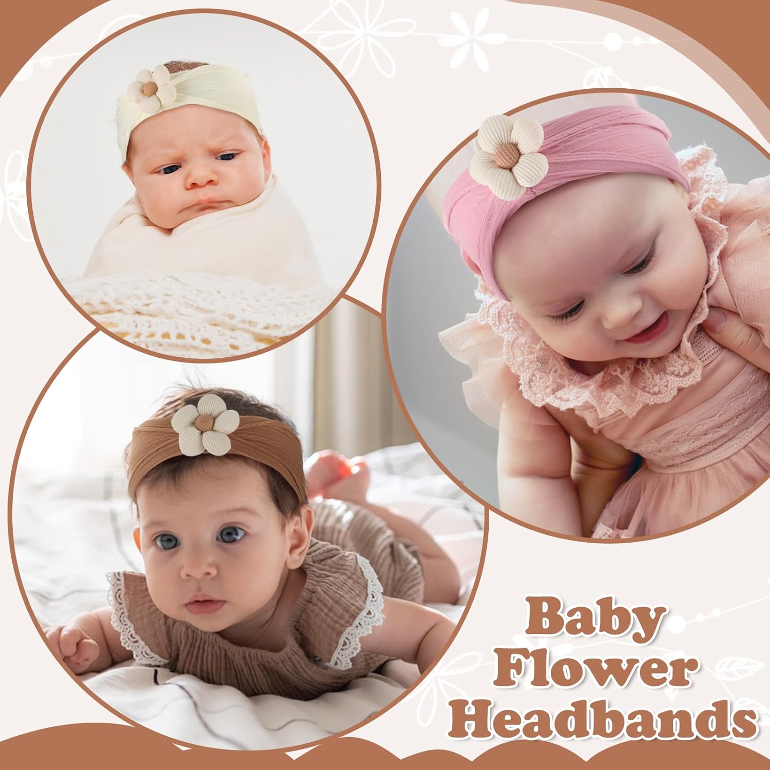 Soft Nylon Baby Flower Headbands For Newborns, Infants & Toddlers  Cute Hair Accessories For Girls Beige, Pink, Khaki