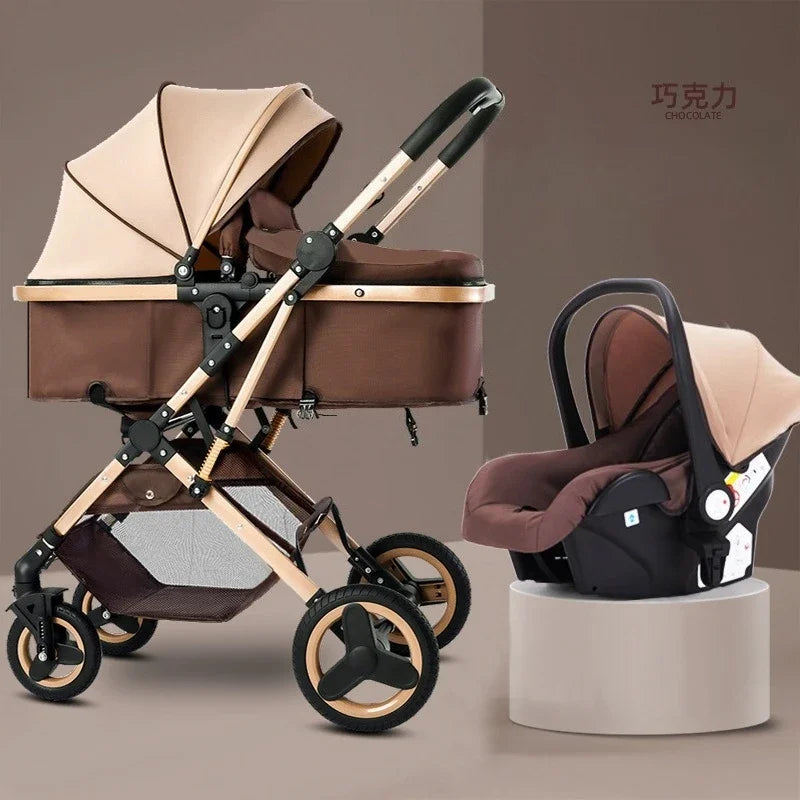 Newborn 3-in-1 Stroller with High View, Two-way Sitting and Lying Function, Baby Stroller with Carrycot and Car Safety Seat