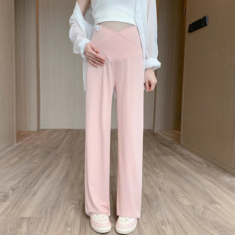Maternity Straight Pants Summer Thin Cool Cotton Low Waist U Belly Clothes For Pregnant Women Wide Leg Loose Pregnancy Trousers