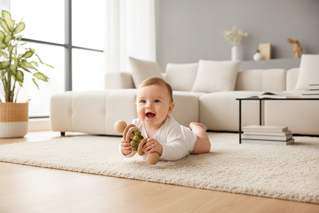 Natural Beech Wood Baby Teething Rattle With Gentle Soothing Sound