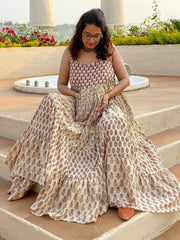 Mixed Patterns Red and Ivory Hand-Block 5-Tier Maternity Spaghetti Dress