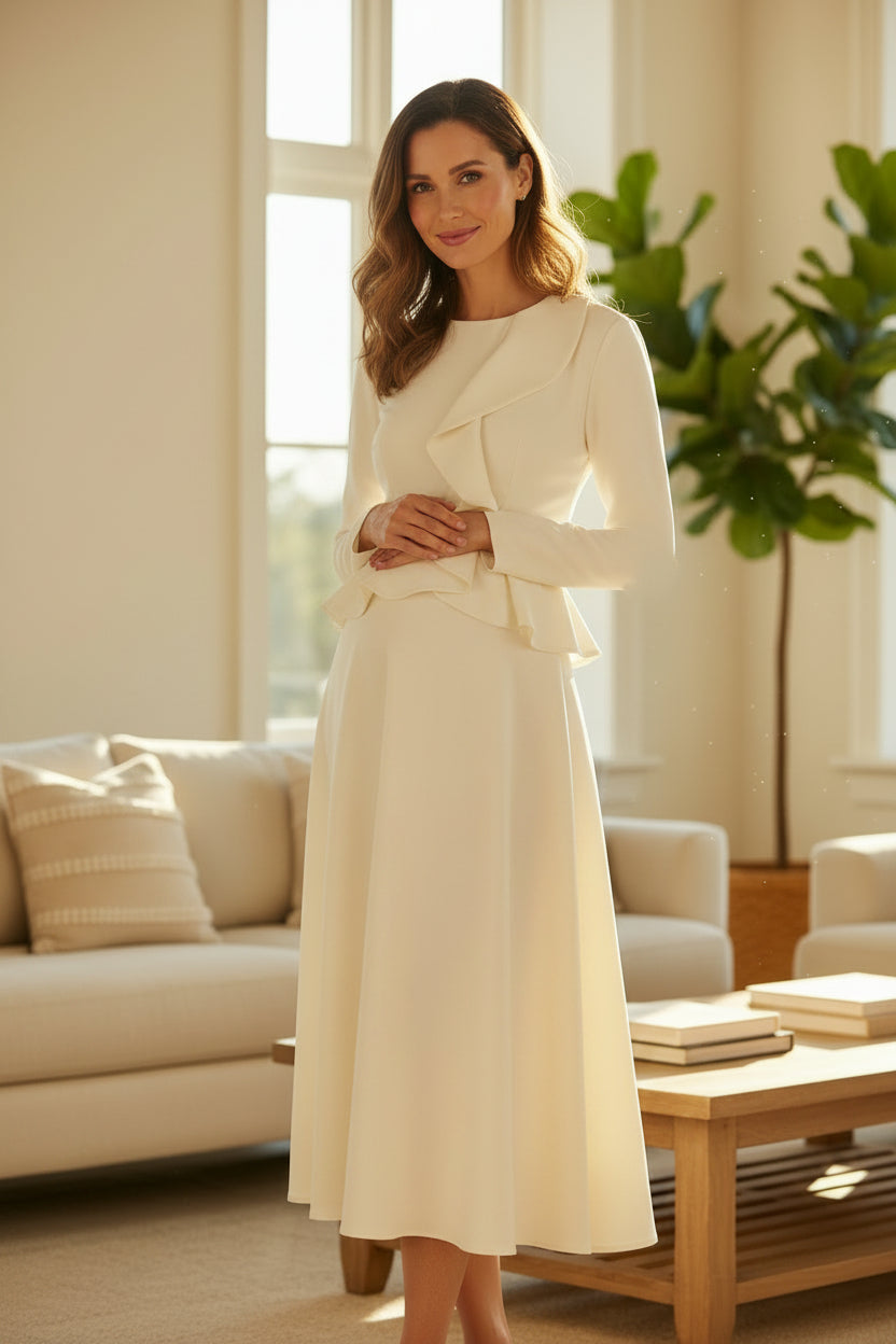 Waist Ruffle Dress-Cream