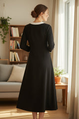 Side Button Dress- Black/Cream Trim