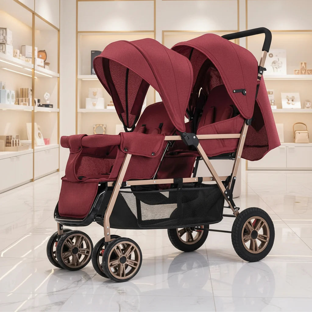 Twin Stroller Foldable With Front And Rear Seats For Two Kids