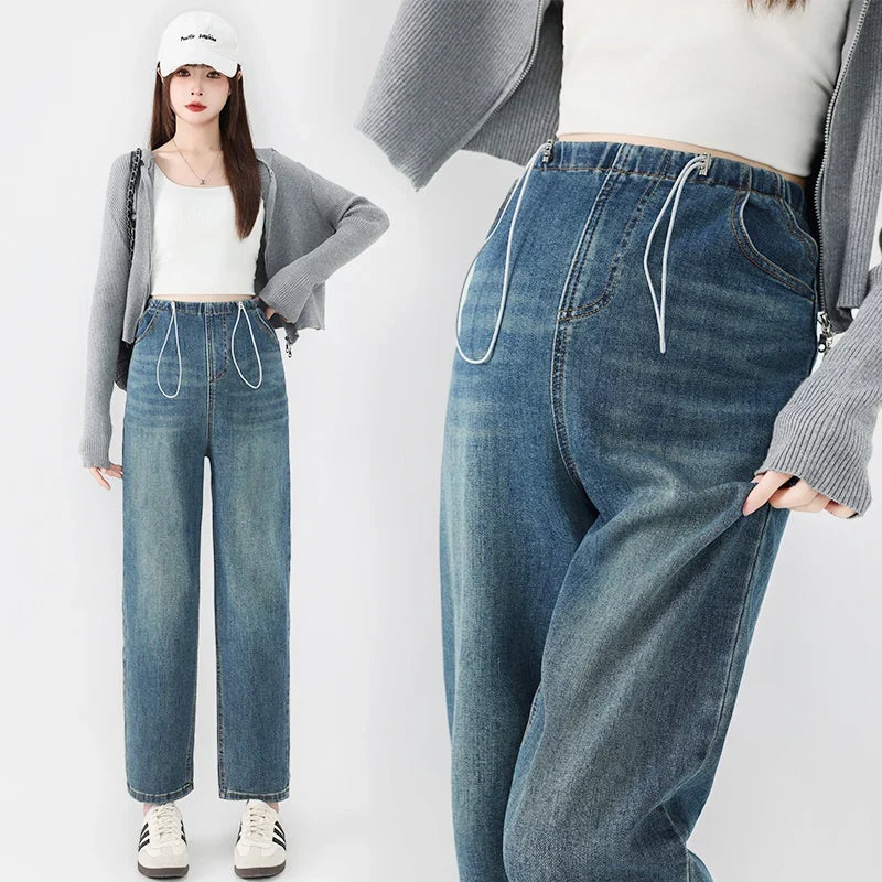 Maternity Drawstring Straight Jeans Pregnancy Women's 2025 New Hot Style High Waisted Loose Slimming Cropped Cigarette Pants