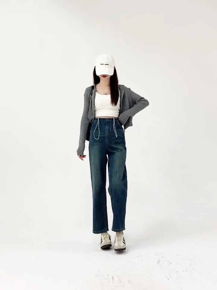 Maternity Drawstring Straight Jeans Pregnancy Women's 2025 New Hot Style High Waisted Loose Slimming Cropped Cigarette Pants