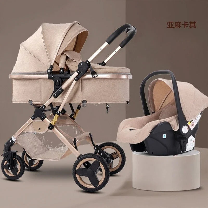 Newborn 3-in-1 Stroller with High View, Two-way Sitting and Lying Function, Baby Stroller with Carrycot and Car Safety Seat