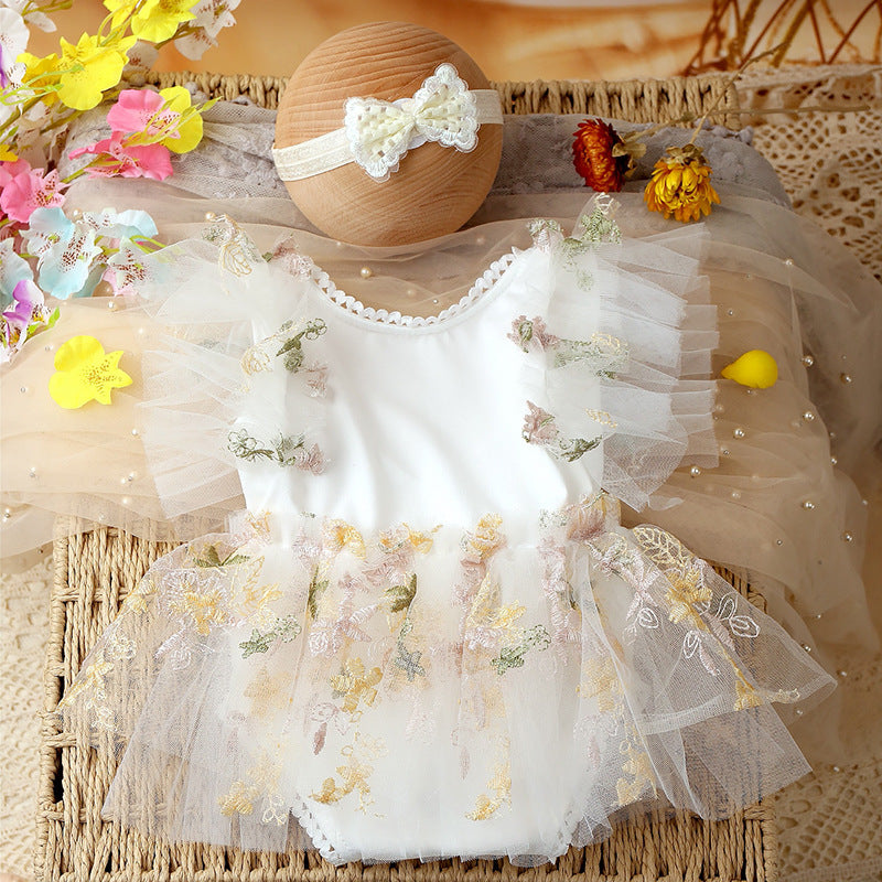 Two-piece Newborn Embroidery Floral Lace Mesh Jumpsuit