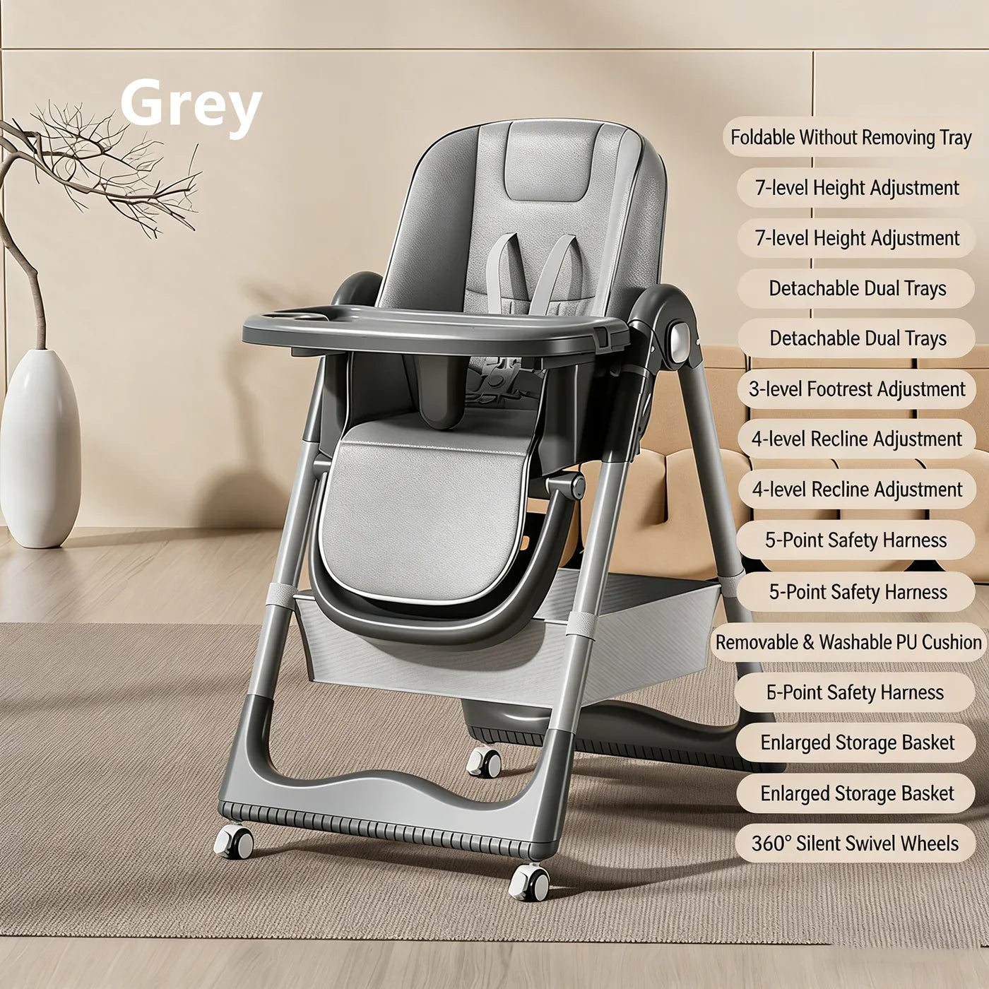High Chairs for Babies and Toddlers, Foldable High Chair with Lockable Wheels, 4-in-1 Convertible, Adjustable Reclining Seat