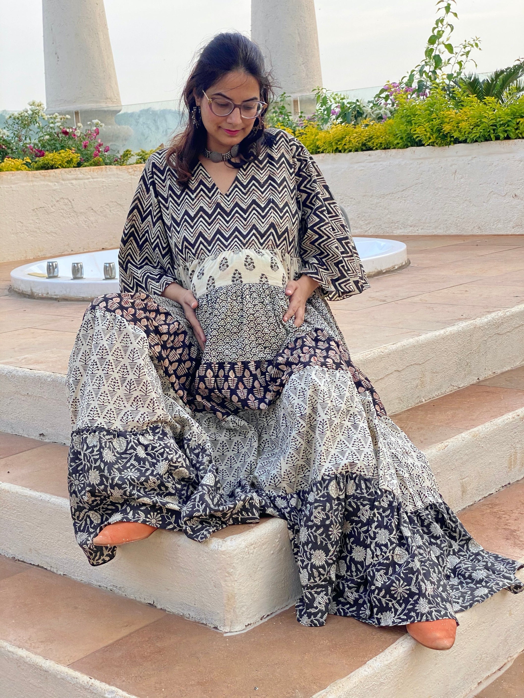 Mixed Patterns Black and Ivory Hand-Block 5-Tier Maternity Dress