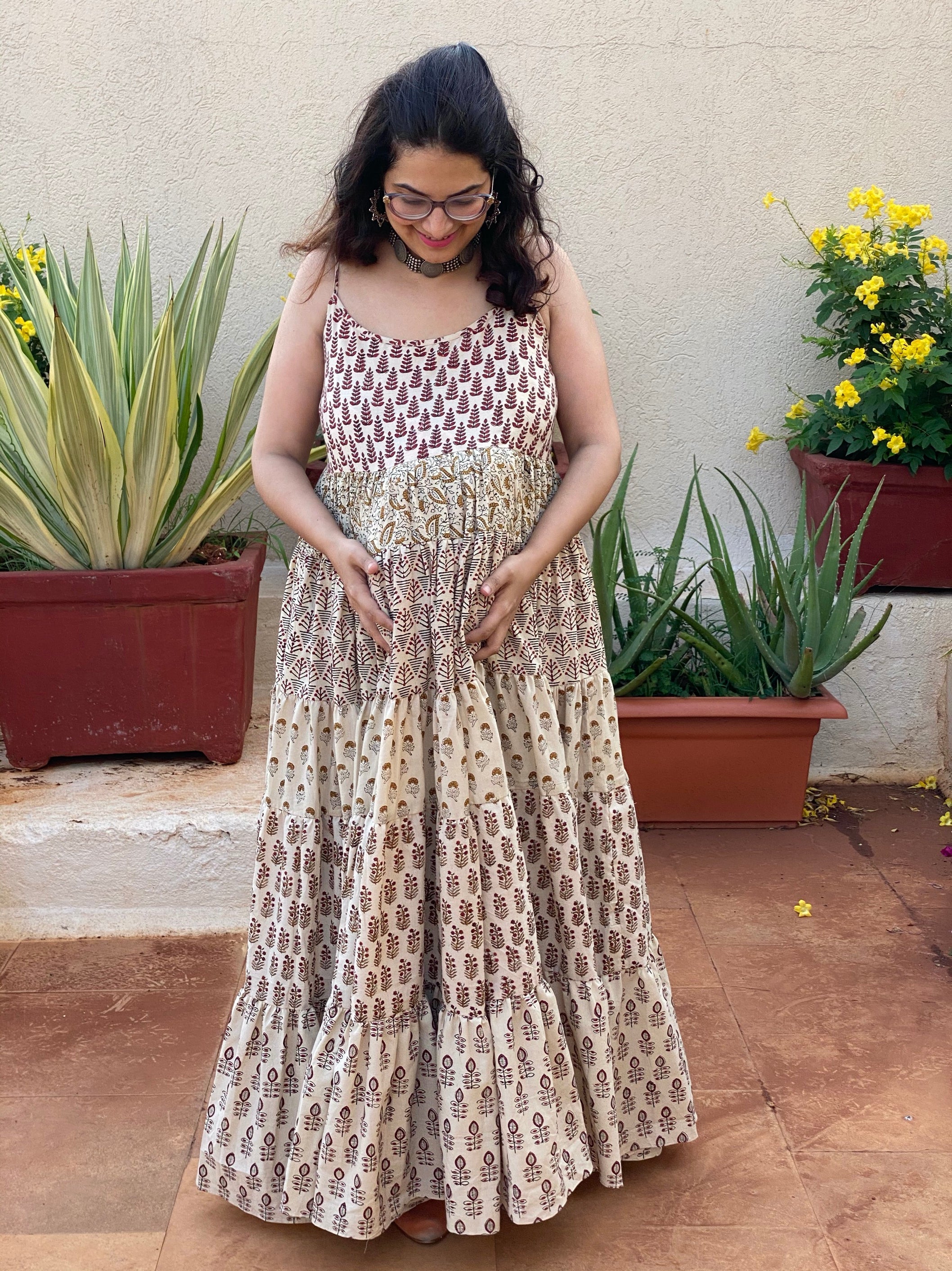 Mixed Patterns Red and Ivory Hand-Block 5-Tier Maternity Spaghetti Dress