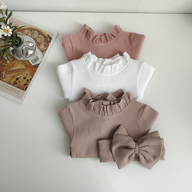 New Infant Autumn Sunken Stripe Romper Hair Band Set Baby Girl One-piece Tights