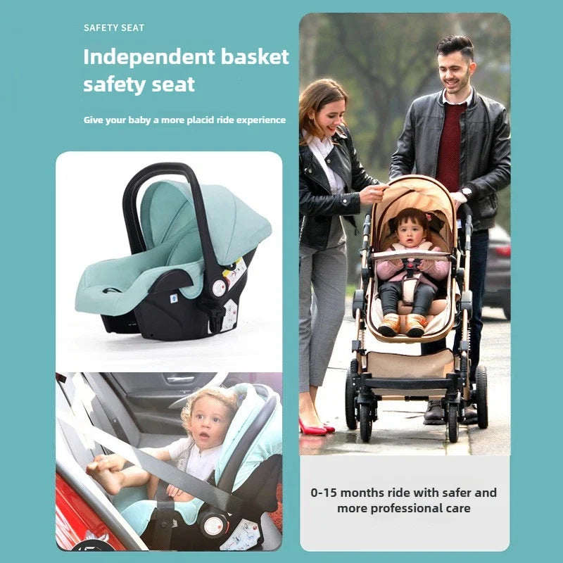 Newborn 3-in-1 Stroller with High View, Two-way Sitting and Lying Function, Baby Stroller with Carrycot and Car Safety Seat