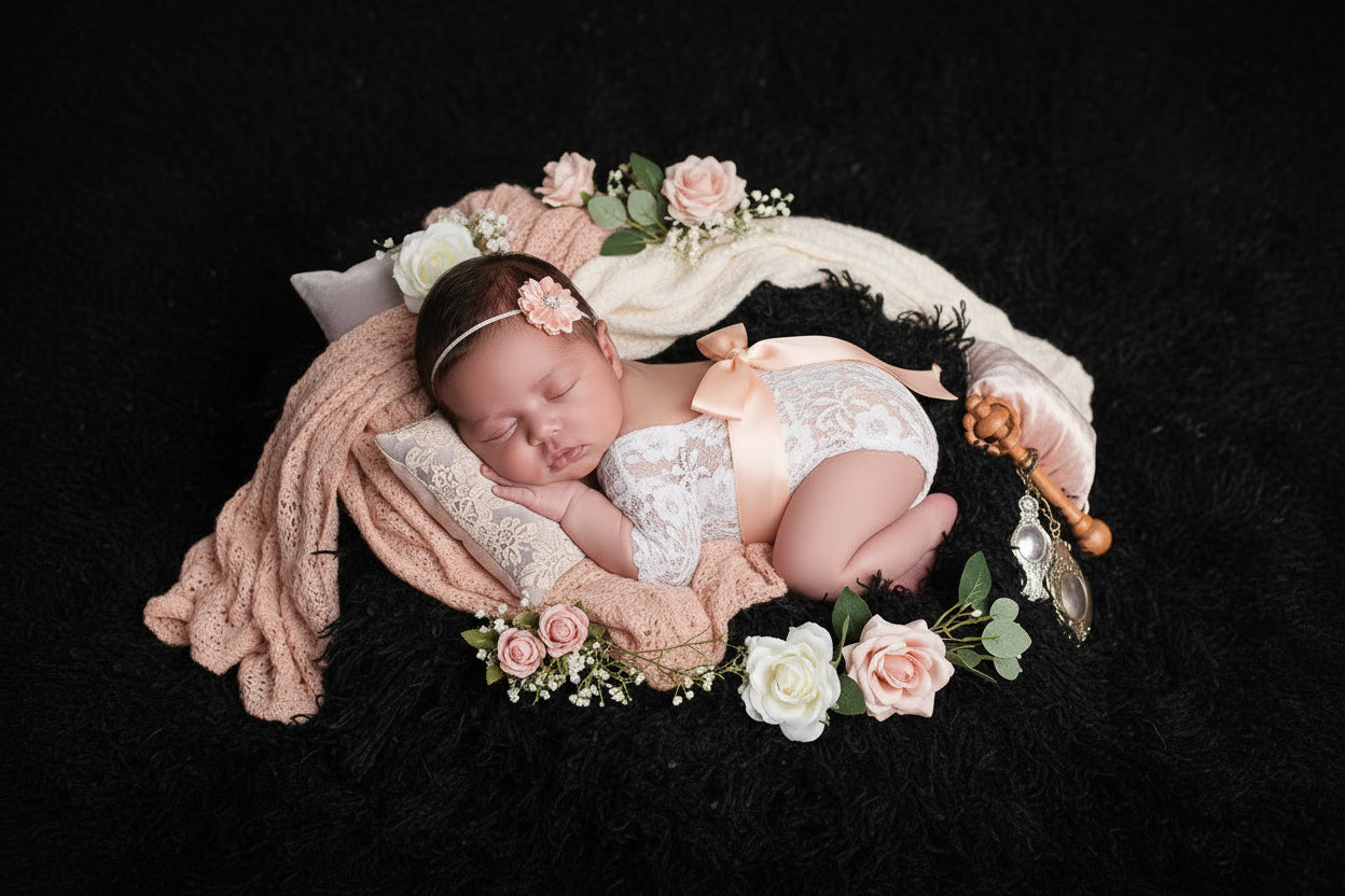 Newborn Photo Outfit Set - Lace Romper With Bow Tie And Headband