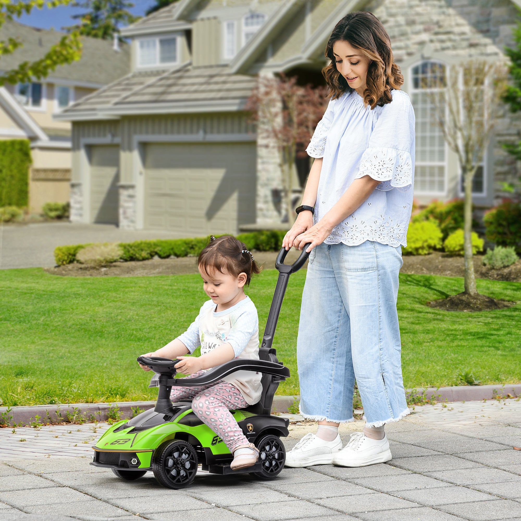 Kids 2-In-1 Lamborghini Ride-On And Stroller, With Horn - Green