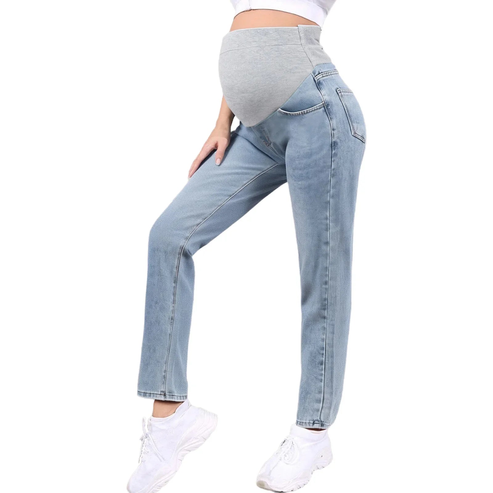 Premama Clothes Maternity Moms Jeans Adjustable High Waist Trousers Pregnant Women Casual Wide-Leg Denim Pants with Pockets