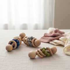 Natural Beech Wood Baby Teething Rattle With Gentle Soothing Sound