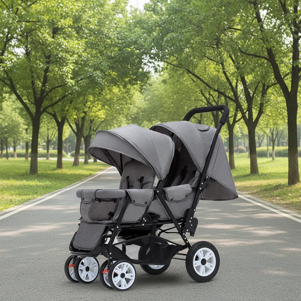 Twin Stroller Foldable With Front And Rear Seats For Two Kids