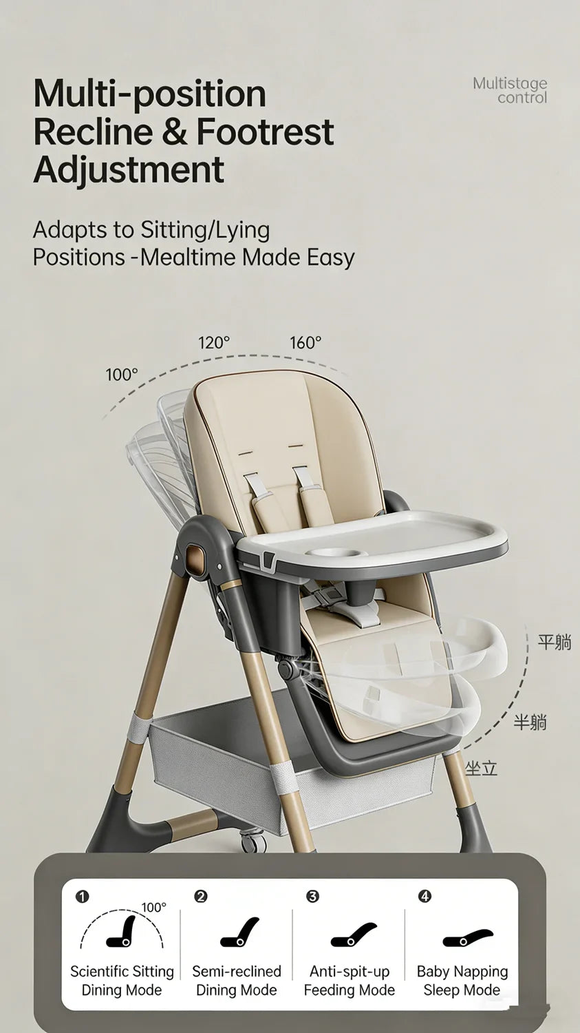 High Chairs for Babies and Toddlers, Foldable High Chair with Lockable Wheels, 4-in-1 Convertible, Adjustable Reclining Seat