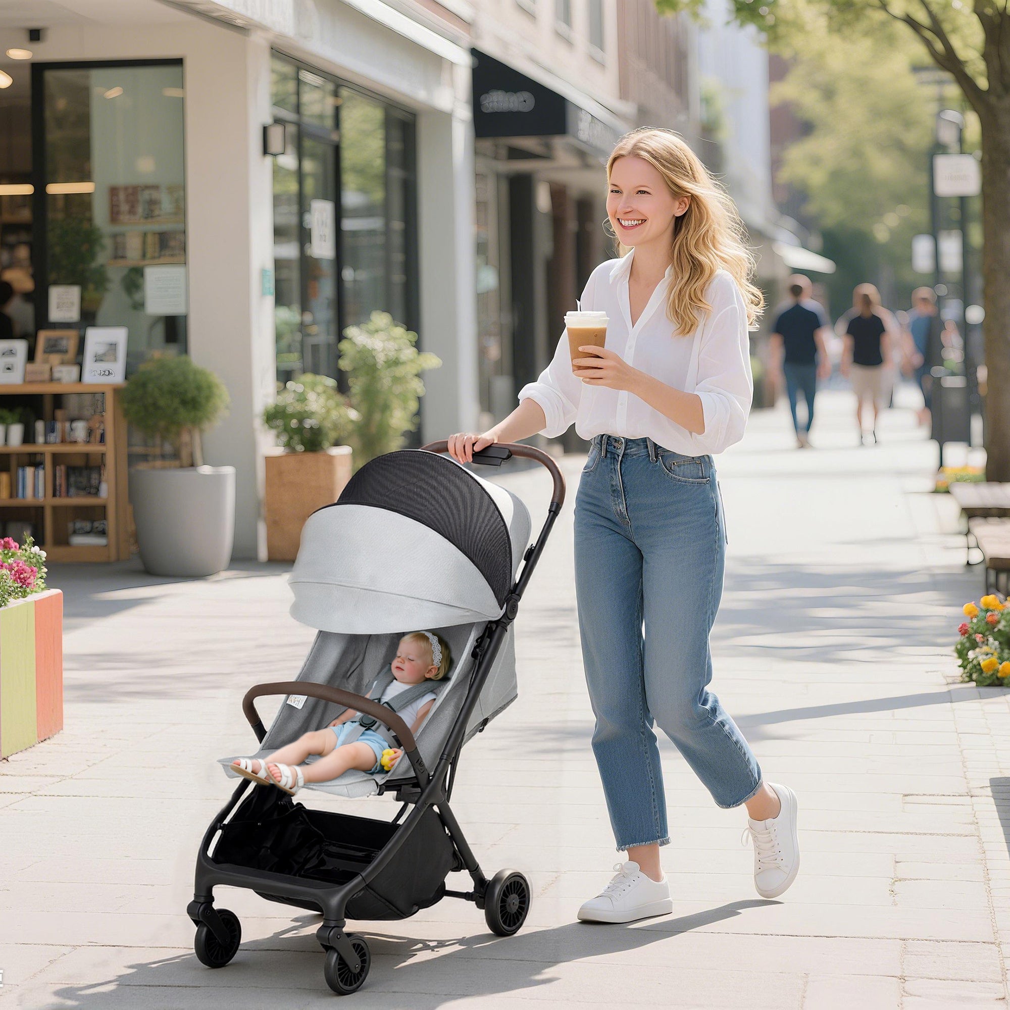 Foldable Baby Stroller With Adjustable Seat, 5-Point Harness, Canopy, Basket, 6.3kg Lightweight & Compact, Light Grey