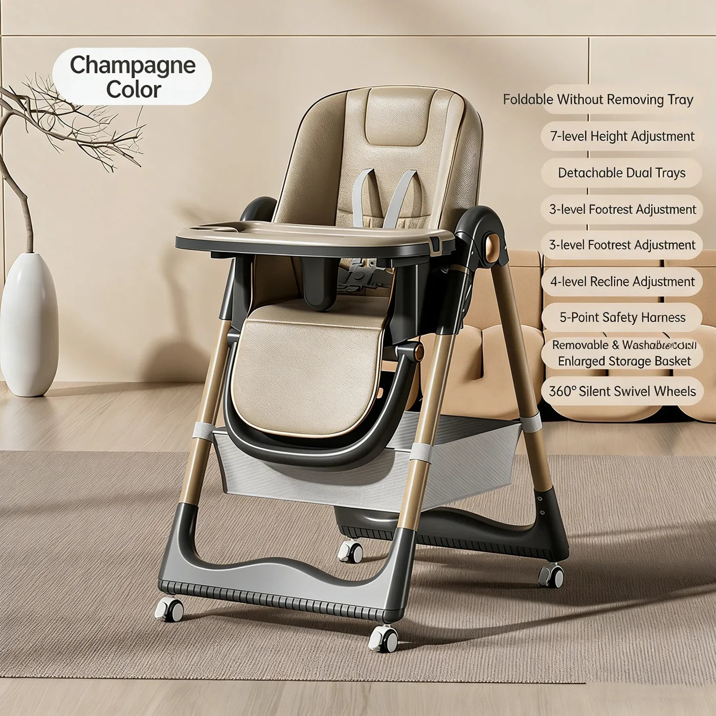 High Chairs for Babies and Toddlers, Foldable High Chair with Lockable Wheels, 4-in-1 Convertible, Adjustable Reclining Seat