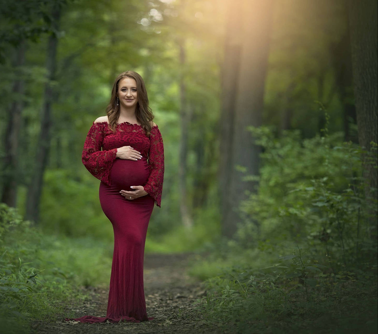 Women's Lace Long-sleeved Mercerized Cotton Off-neck Maternity Dress