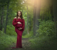 Women's Lace Long-sleeved Mercerized Cotton Off-neck Maternity Dress