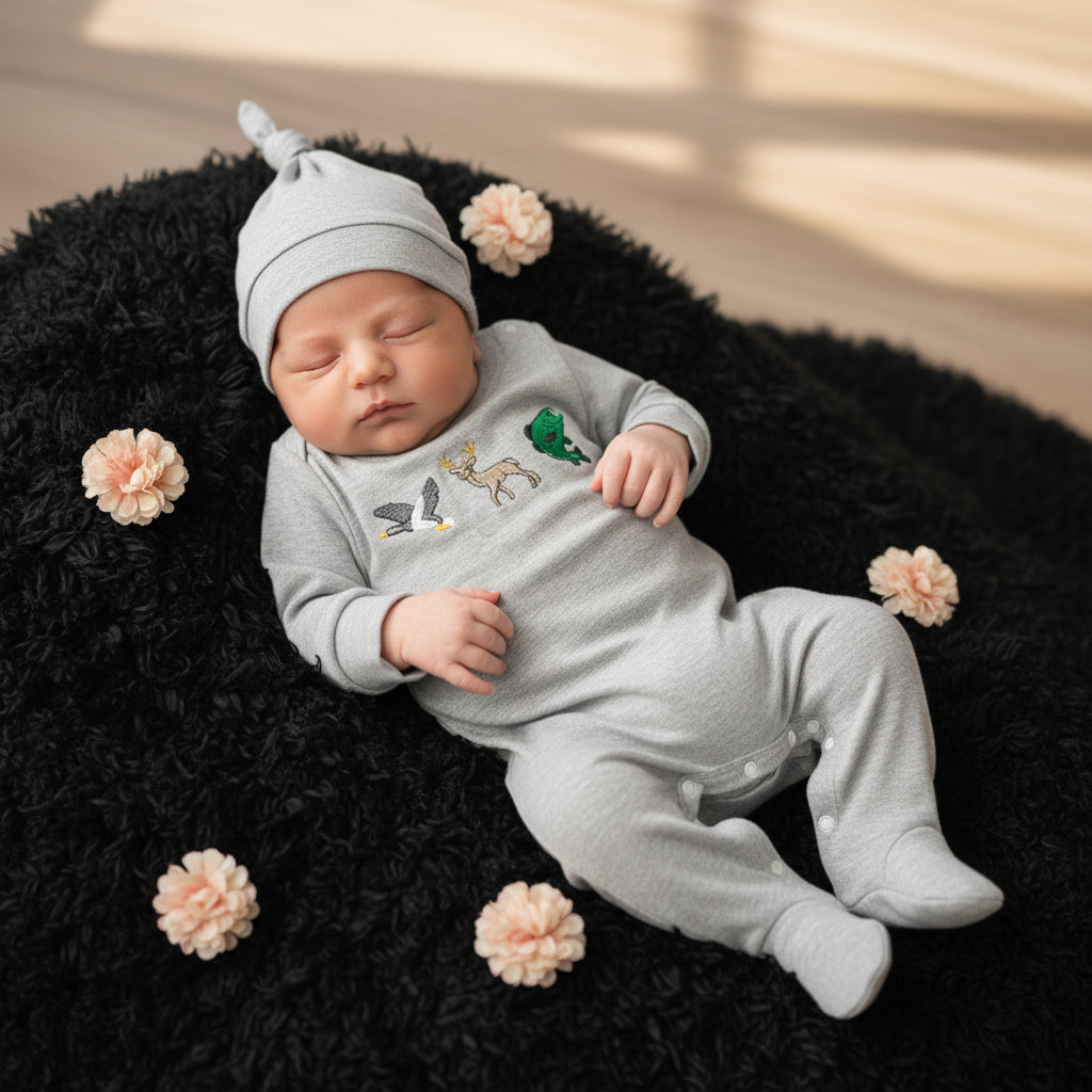 Newborn Baby Boy Outfits Long Sleeve Animal Print Romper & Hat 2Pcs Fall Winter Clothes Set