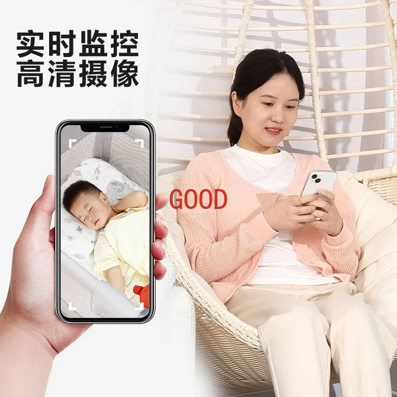 Smart baby crib folding and splicing large bed, multifunctional newborn baby crib, portable, movable, and adjustable