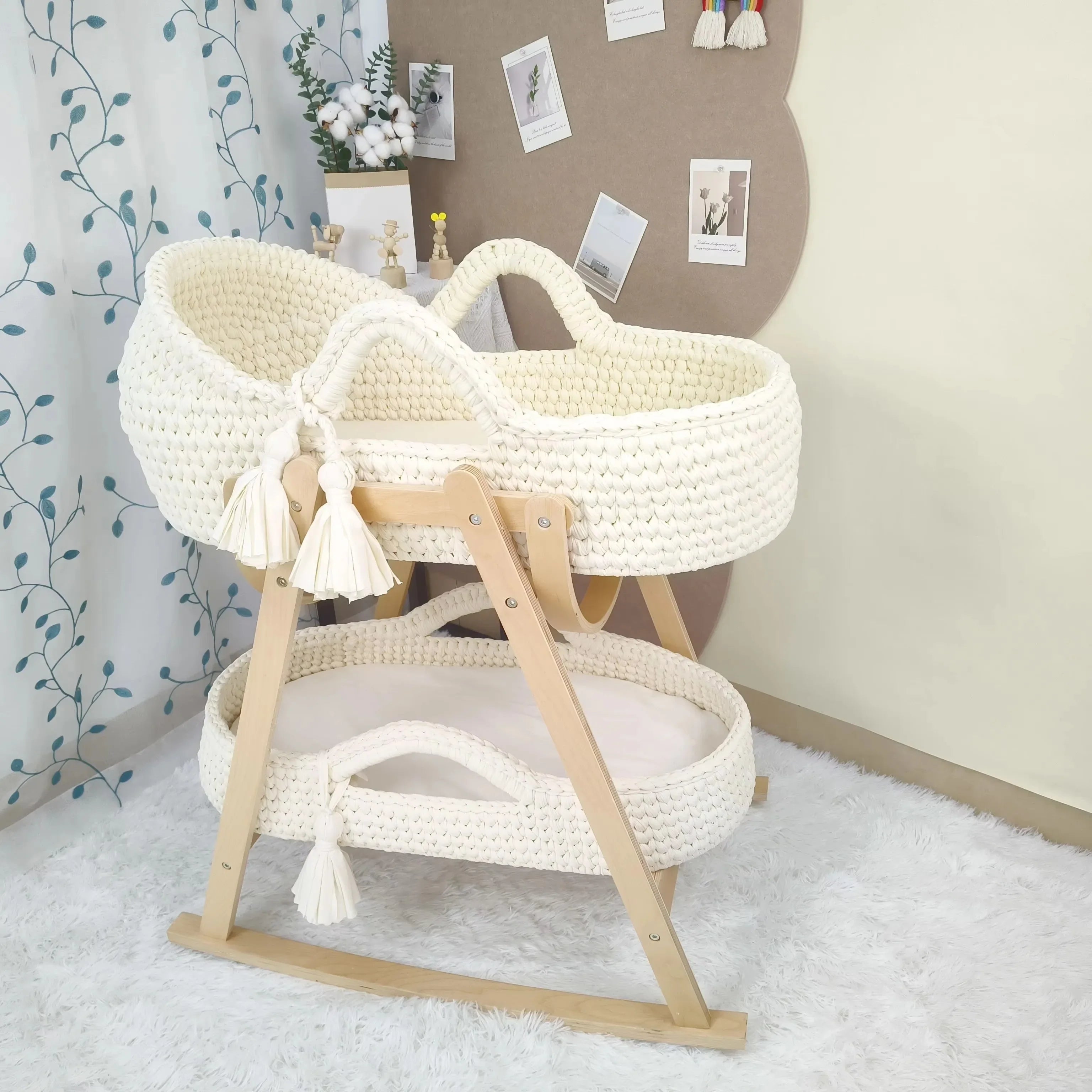 Newborn Baby Nest Lounger Cradle Crib with Wooden Frame Hand-Crocheted Bassinet Soft Mattress Portable Infant Sleeping Bed