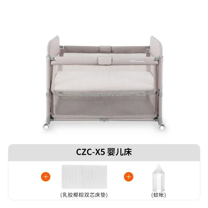 Smart baby crib folding and splicing large bed, multifunctional newborn baby crib, portable, movable, and adjustable