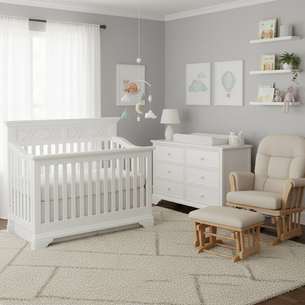 White Solid and Manufactured Wood Standard Four In One Convertible Crib