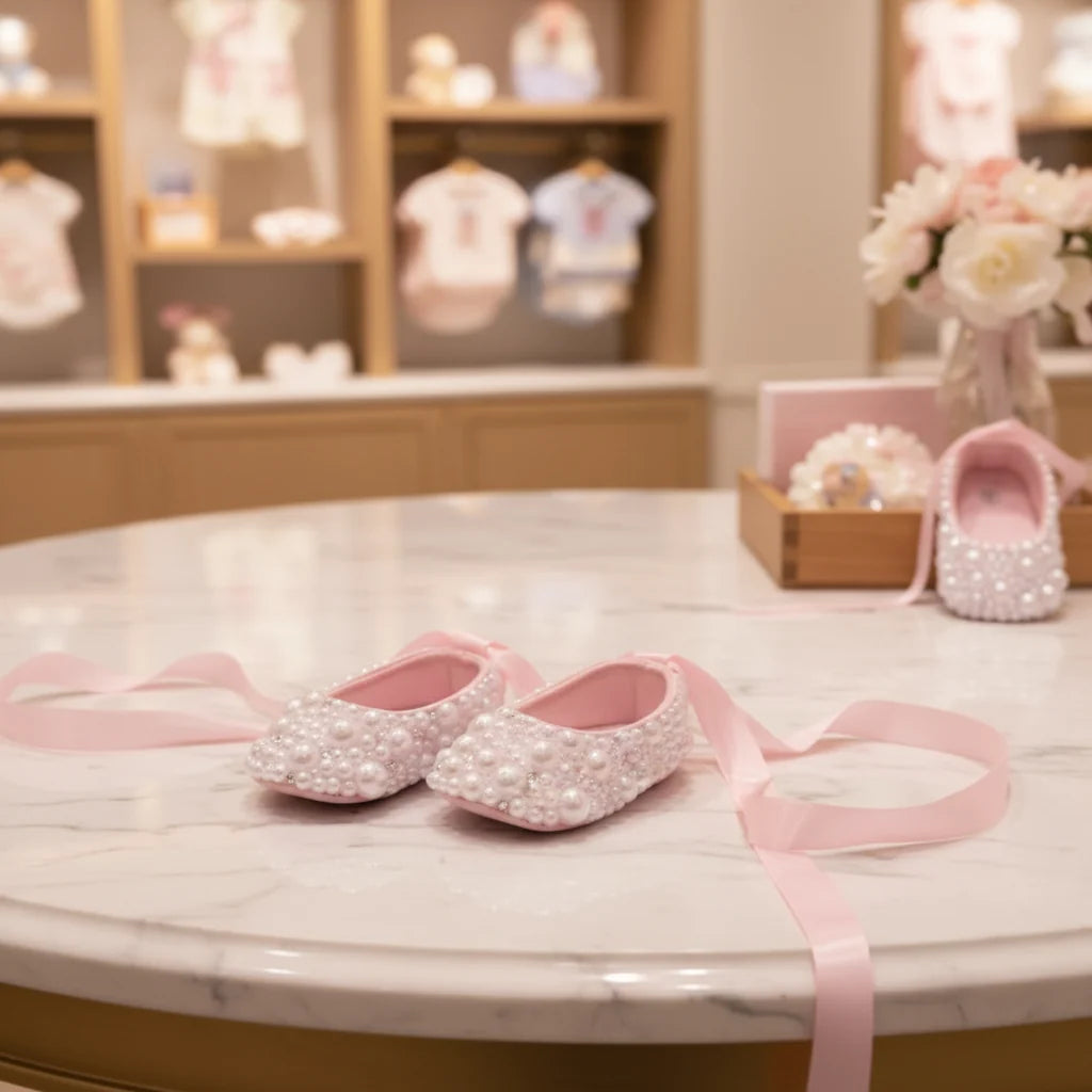 Handmade White Pearl Rhinestone Baby Crib Shoes Organza Christening Wedding 0-3m