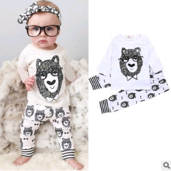 European and American baby clothes spring and autumn long-sleeved T-shirt letter print stripe set