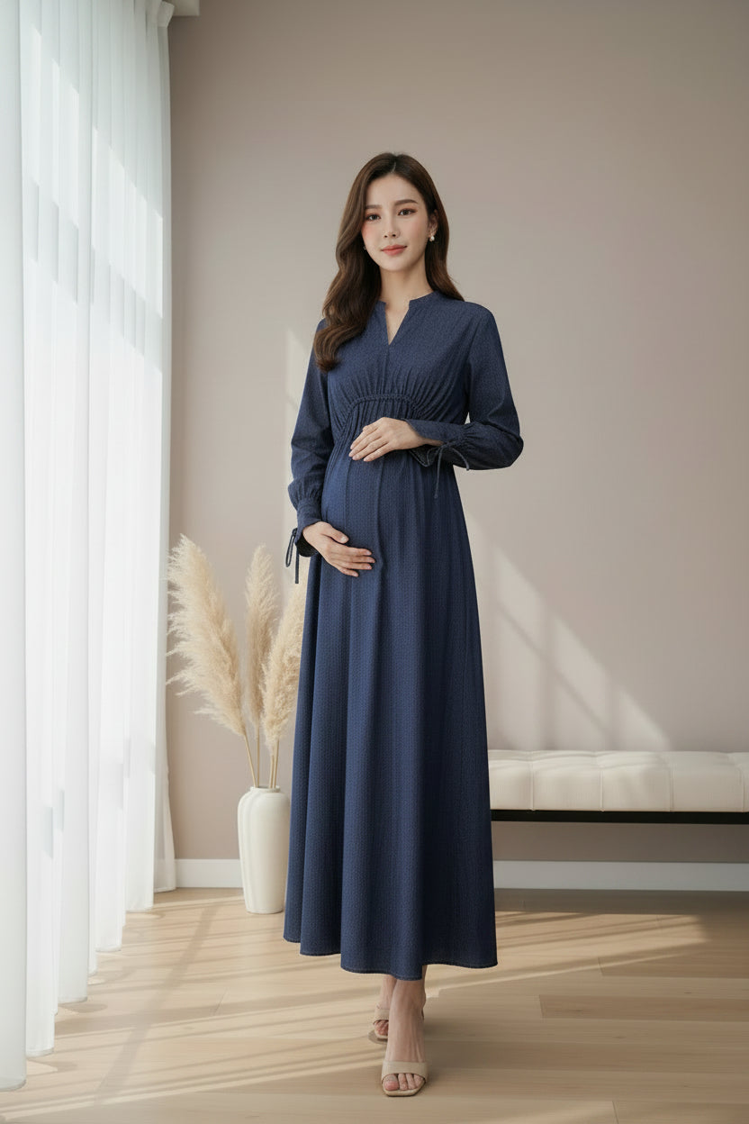 High Waist Drawstring Maternity Dress-Dark Denim