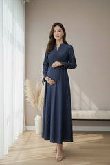 High Waist Drawstring Maternity Dress-Dark Denim