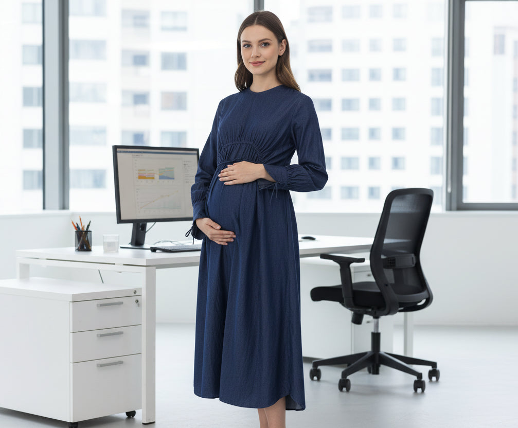 High Waist Drawstring Maternity Dress-Dark Denim