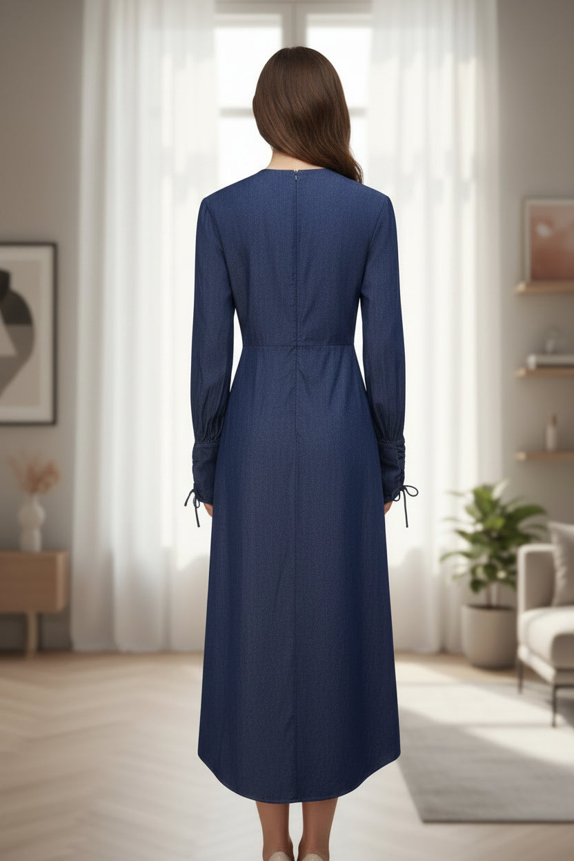 High Waist Drawstring Maternity Dress-Dark Denim