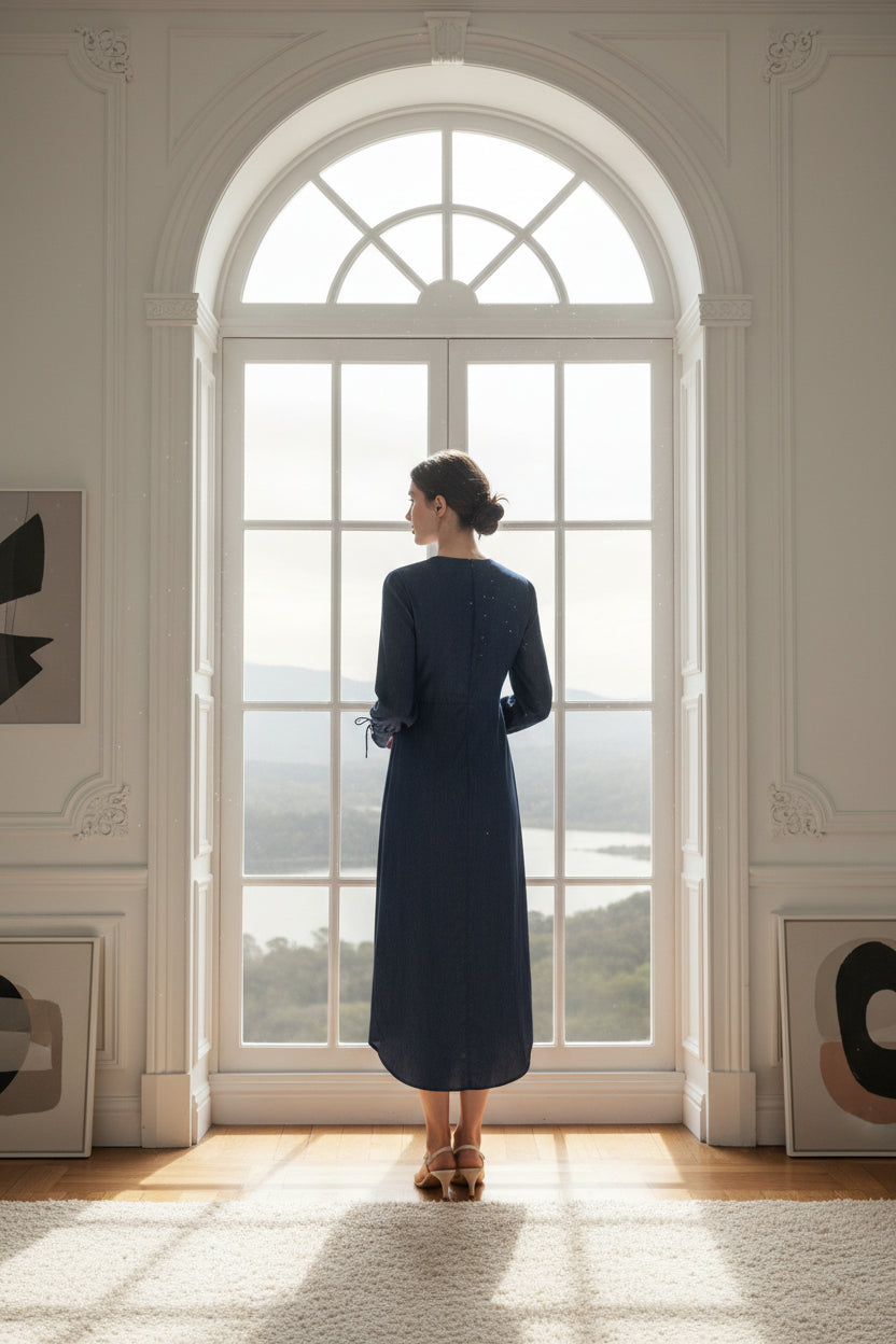 High Waist Drawstring Maternity Dress-Dark Denim