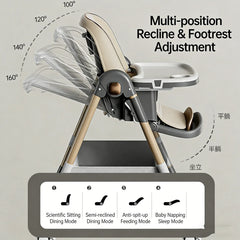 High Chairs for Babies and Toddlers, Foldable High Chair with Lockable Wheels, 4-in-1 Convertible, Adjustable Reclining Seat