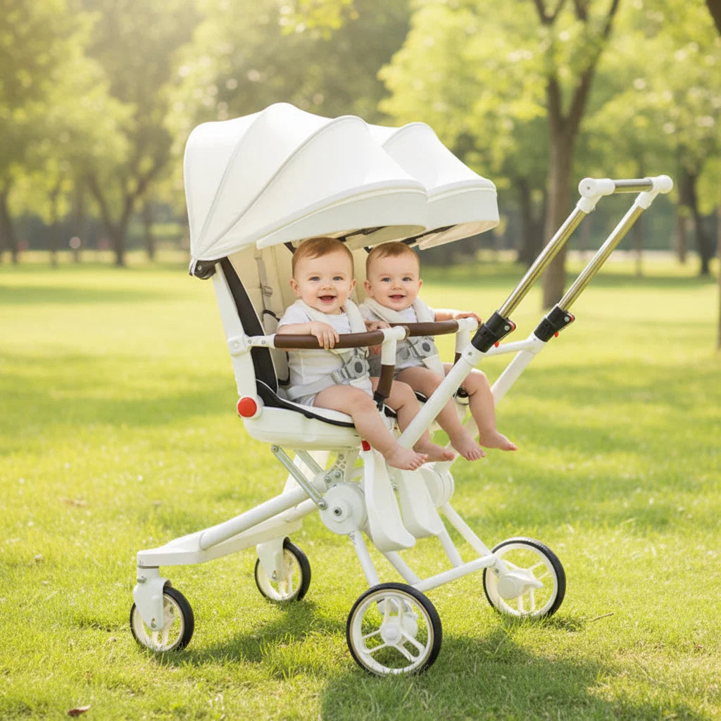 Twin Stroller Foldable Portable Four Wheel Infant Carriage